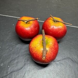 Set of 3 Realistic Solid Wood Red Apples Faux Fruit Home Decor Kitchen Display